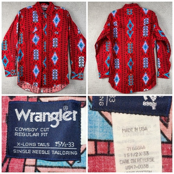Wrangler Shirt Mens 15.5x33 Red Vintage Cowboy Cut Aztec Regular Fit X-Long Tail - Picture 7 of 14